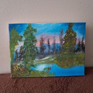 Bob Ross Inspired  Pink And Blue Sky Big Trees Hand Painted Canvas